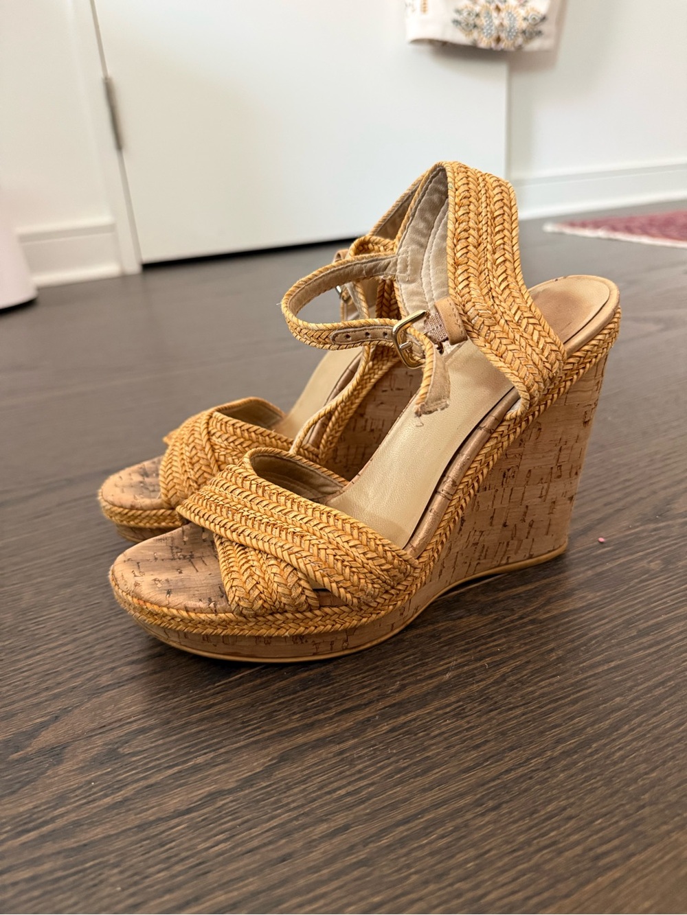 Stuart Weitzman Tan Braided Espadrille Wedge Sandals